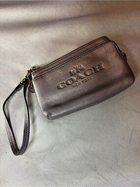 Coach Metallic Silver Pebble Leather Wristlet